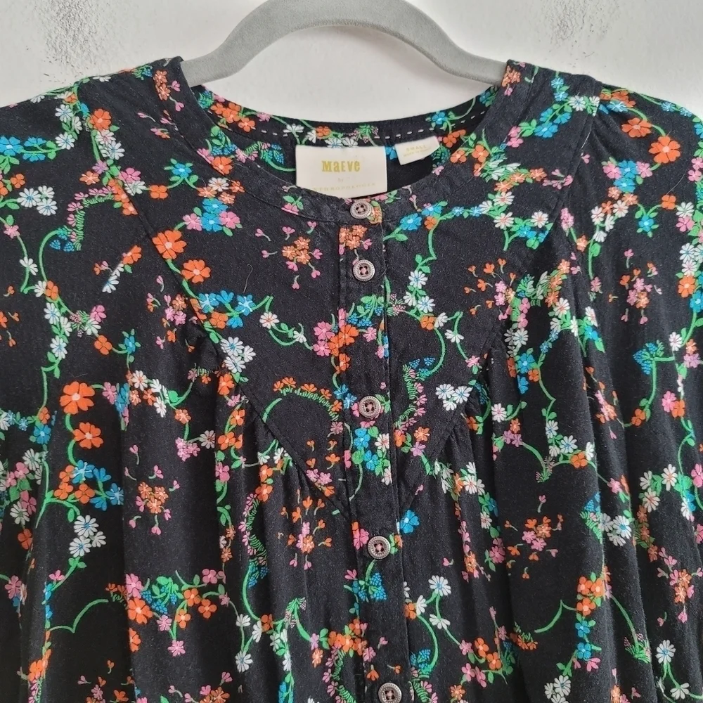 Anthropologie Maeve Black Floral Long Sleeve Button Up Blouse‎ Shirt